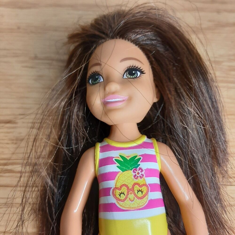 Mattel Barbie 2016 Club Chelsea Beach Brunette Green Eyed Doll Pineapple Stripe